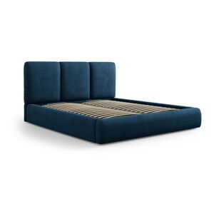 Tmavě modrá čalouněná dvoulůžková postel s úložným prostorem s roštem 200x200 cm Brody – Mazzini Beds